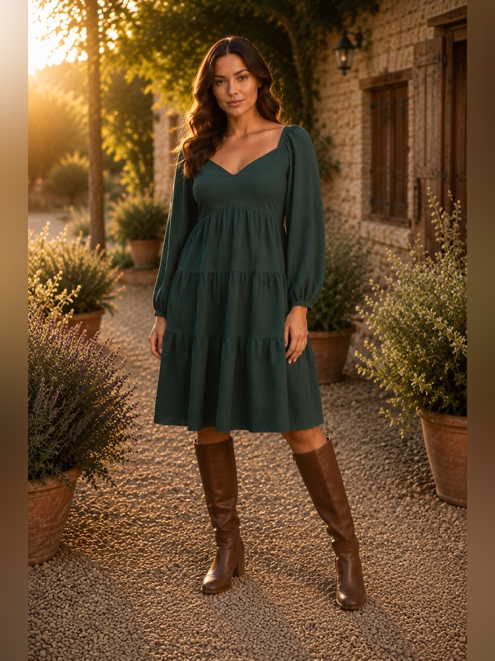 Altar'd State Forest Green Tiered Mini Dress XL Long Sleeve Tie Back NWOT